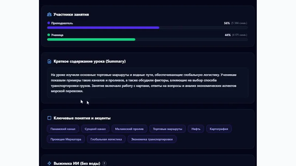 Готовый структурированный конспект занятия и аналитика времени речи участников